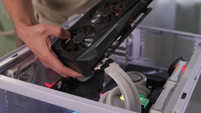 Building computer with careful assembly, Installing components with precise attention to detail, Assembling desktop computer featuring graphics card and lighting effects