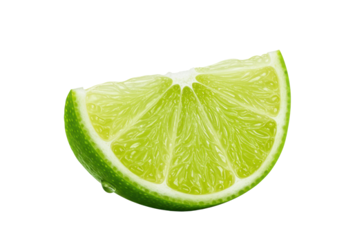 Extreme close-up macro shot of a fresh green lime wedge with translucent juicy pulp and water drops, against a bright white background, concept of invigorating freshness and natural quality