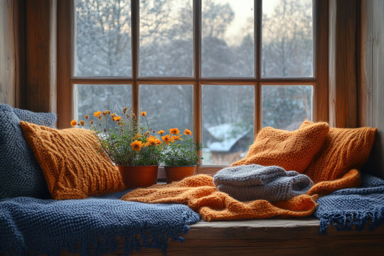 Blanket and flowers on window seat.