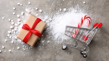 A shopping cart stands on soft sand, filled with colorful gifts and seasonal items, capturing a unique beachside shopping scene