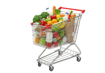 Modern chrome shopping cart, red handle, overflowing with vibrant fresh groceries like broccoli, apples, milk, and canned goods on a transparent studio background with copy space, concept of