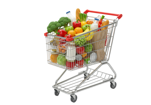 Modern chrome shopping cart, red handle, overflowing with vibrant fresh groceries like broccoli, apples, milk, and canned goods on a transparent studio background with copy space, concept of