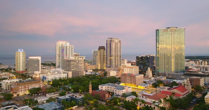 Modern skyline of downtown St Petersburg, Florida, USA. Urban view with commercial and residential towers near Tampa Bay.