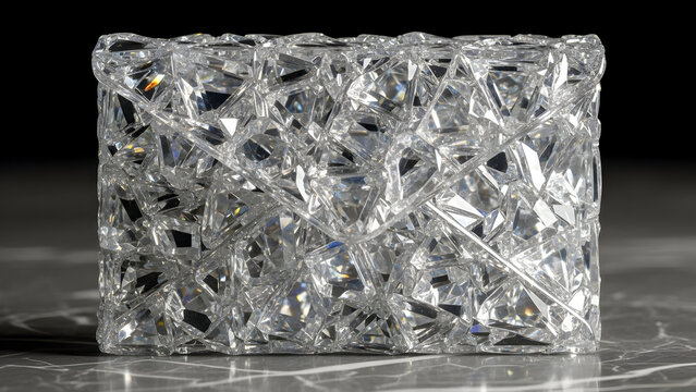 Intricate clear cube sculpture on marble surface dark background