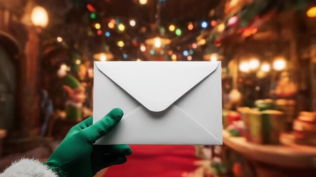Hand in a green glove holding a white envelope against a blurred background of a Christmas workshop filled with gifts
