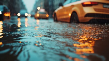 A rainy urban scene with reflections on flooded streets, showcasing cars amidst the downpour and glowing city lights.