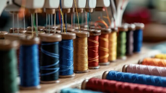 Video Thread spools stacked on a wooden shelf, various colors and textures