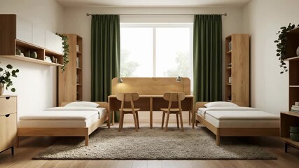 Modern furniture is arranged in bright room with large window and neutral decor. Clean lines and minimalistic design create inviting atmosphere