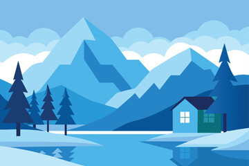 Winter mountain landscape with lake and house illustration