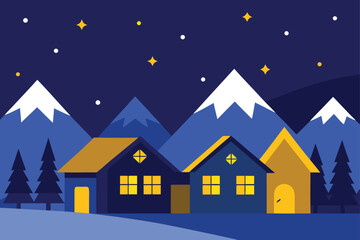 Winter village at night with mountains and glowing houses illustration