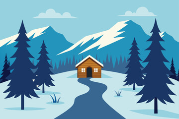 Winter landscape with snowy mountains, pine trees, house, and a winding path