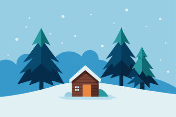 Winter mountain landscape with cozy wooden cabin covered in snow among pine trees