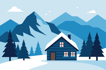 Winter mountain landscape with a cozy cabin and trees flat vector illustration