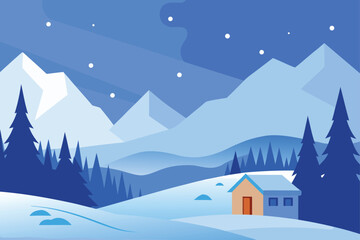Winter landscape with snowy mountains fir forest and small house under starry sky