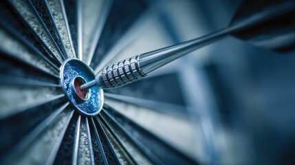 Macro Photo of Dart Hitting Bullseye on Blue Background Symbolizing Precision