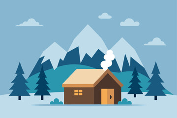 Winter mountain cabin scene with a house and trees flat vector illustration