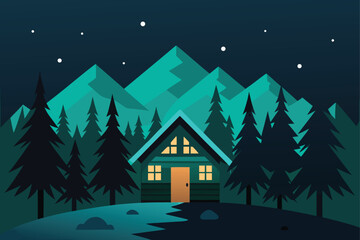 Winter night forest landscape with cabin glowing windows and starry sky background