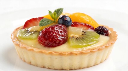 miniature custard and fruit tart dessert on white background video - Powered by Adobe