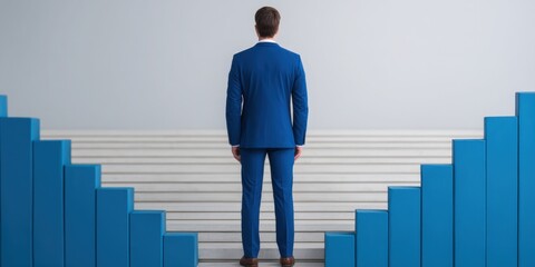A man in a blue suit stands before ascending blue steps, symbolizing progress and ambition in a minimalistic setting.