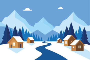 Winter landscape scene with snowy mountains fir trees cabins and winding river