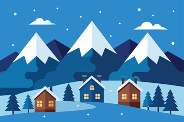 Winter night landscape with snow covered mountains houses and falling snowflakes