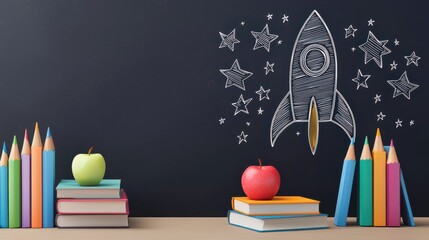 A vibrant classroom scene featuring colorful pencils, books, and chalkboard art of a rocket and stars, symbolizing creativity and learning.