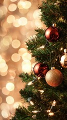 Obraz premium Colorful ornaments and twinkling lights decorate a Christmas tree, bringing a joyful ambiance to the holiday season