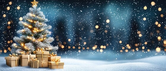 Snowy landscape features a beautiful Christmas tree surrounded by colorful gifts among tall pine trees and falling snowflakes