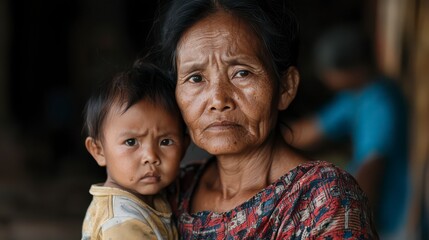 A poignant image of a woman holding a child, both exhibiting expressions of concern and resilience, capturing a moment of deep connection and emotion.