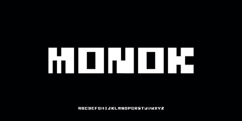 Vector illustration of a block style, geometric, and futuristic alphabet letter display with bold characters and stiff and symmetrical letter shapes.