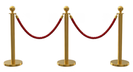 Golden stanchions with red velvet rope barrier on transparent background

