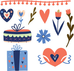 A collection of colorful and whimsical images, including hearts, flowers