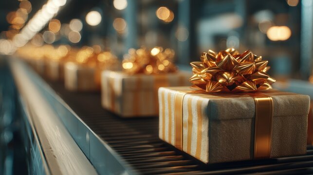 Close-Up of Gift Parcels with Shiny Bows in Fulfillment Center