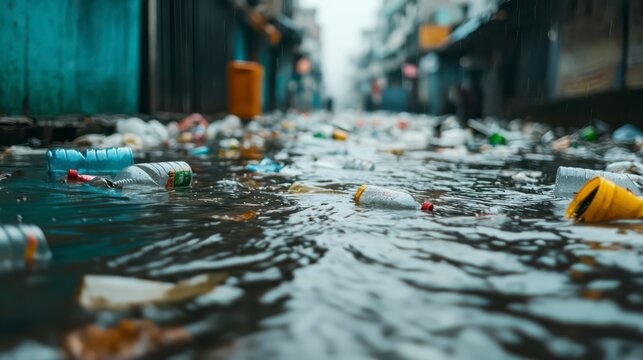 A polluted street filled with plastic waste, reflecting environmental degradation and the need for better waste management.