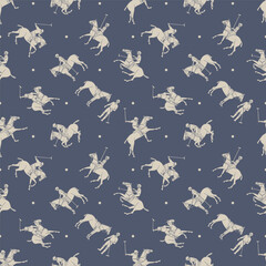 Seamless pattern of polo players on ponies with mallets and balls
