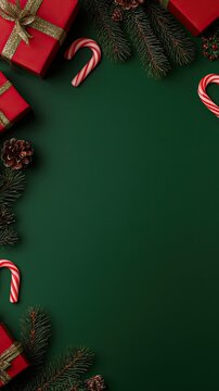 Colorful wrapped gifts sit alongside candy canes and fresh evergreen branches, creating a joyful holiday scene perfect for celebration