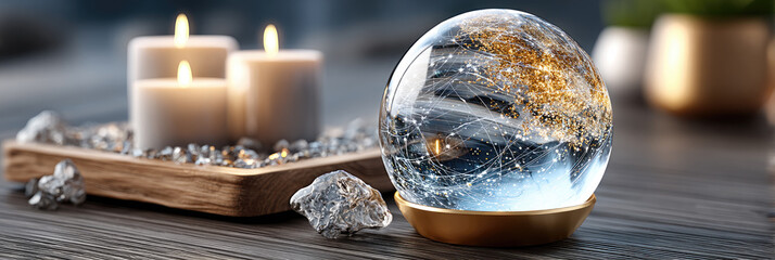 Astrology forecast scene with glowing crystal ball reflecting zodiac constellations, warm candlelight and mystical magical atmosphere, fortune telling concept, copy space