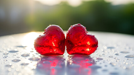 Two glistening red heart shaped candies reflecting light on a wet surface with bokeh background
