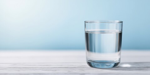 A clear glass of water sits on a light-colored surface, reflecting soft light against a blue background.