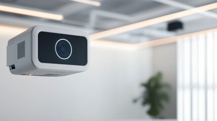A modern projector is mounted on a ceiling, surrounded by minimalist decor and natural light from large windows.