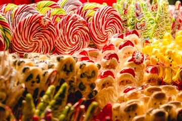 Stall or stand with traditional colorful and festive candies and lollipops at the Christmas Market