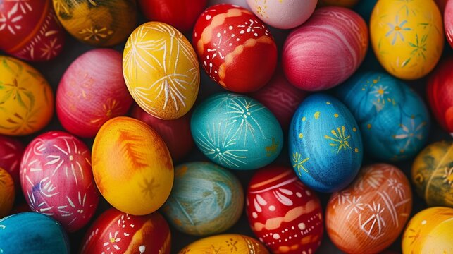Colorful painted Easter eggs with traditional patterns. Close up top view of decorated holiday food background. Spring celebration concept