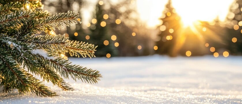 Soft snowflakes descend on a tranquil scene blanketed in white, framed by lush evergreen branches, evoking winter's beauty