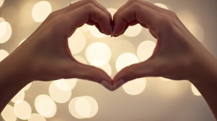 Soft focus of hands forming a heart shape against a backdrop of warm, blurred bokeh lights