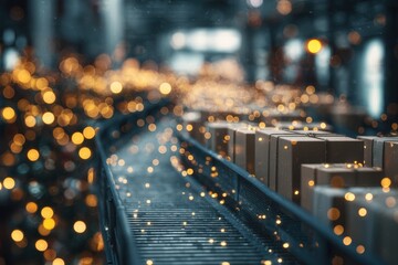 Cinematic Overhead View of Conveyor Belt with Holiday Boxes and Bokeh Lights