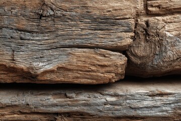 Close up of weathered planks of wood with knots and visible grain, capturing its age and texture