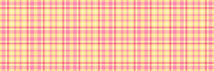 Ornamental plaid pattern fabric, close up texture vector background. Wear check tartan seamless textile in yellow and pink colors.