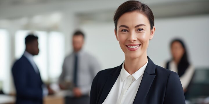 Confident young asian female professional smiling in modern office