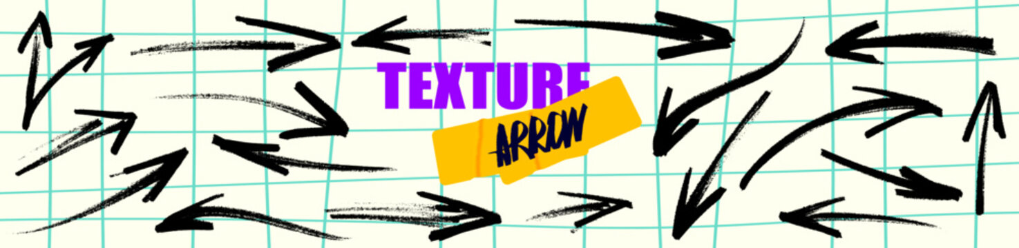 A set of grunge arrows created with crayon shading and chalk grit. Every arrow shows hand drawn, mixing crayon depth, chalk smudge and rough grunge attitude.