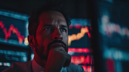 Businessman Anxiously Observing Falling Financial Charts on Red-Lit Screens